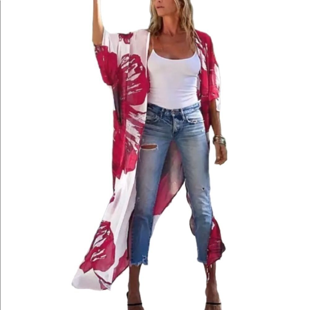 White Red Floral Open Front Long Kimono Robe Cover Up NEW